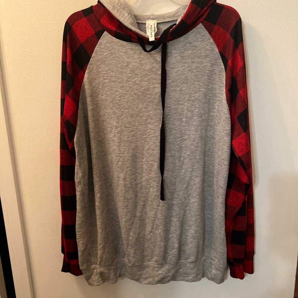 Cozy Red Plaid Sleeve Gray Hoodie